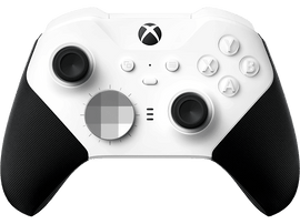 Manette Xbox blanche avec des accents noirs. Boutons étiquetés.