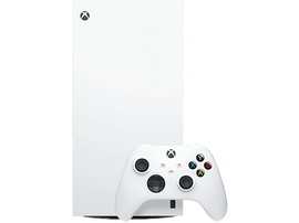 Console Xbox Series S blanche et manette blanche sur fond blanc.