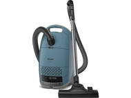 Aspirateur Miele bleu avec tuyau et tête, accents noirs et gris.