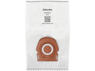 Sac d'aspirateur blanc avec un connecteur en plastique marron et du texte.