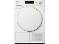 Sèche-linge Miele blanc. Il a une porte ronde avec un petit écran. Un panneau de commande est au-dessus.