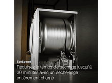 Charger l&#39;image dans la galerie, Un sèche-linge blanc avec l&#39;intérieur ouvert, montrant le tambour métallique et le texte.
