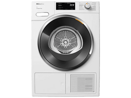 Un sèche-linge Miele blanc avec une porte noire et argentée. Il affiche 3:08 sur l