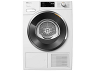 Un sèche-linge Miele blanc avec une porte noire et argentée. Il affiche 3:08 sur l'écran numérique. Panneau de commande à droite.