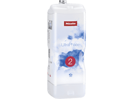 Une bouteille de détergent Miele UltraPhase 2 blanche, avec du texte et un numéro 2 rouge sur le devant.