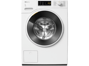 Lave-linge blanc, porte noire, panneau de contrôle. Vue de dessus.