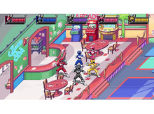 Charger l&#39;image dans la galerie, Power Rangers debout dans une arcade. Bar à jus en arrière-plan.
