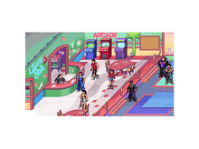 Charger l&#39;image dans la galerie, Des gens dans une arcade. Bar à jus et jeux d&#39;arcade en arrière-plan.
