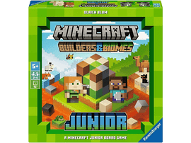 Une boîte de jeu de société Minecraft Junior, verte, avec des personnages du jeu et un environnement Minecraft.
