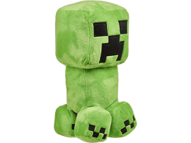 Une peluche Creeper verte de Minecraft sur fond noir.