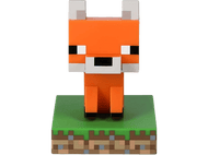 Une figurine de renard Minecraft sur une base d'herbe verte, avec une bordure pixelisée marron et beige.