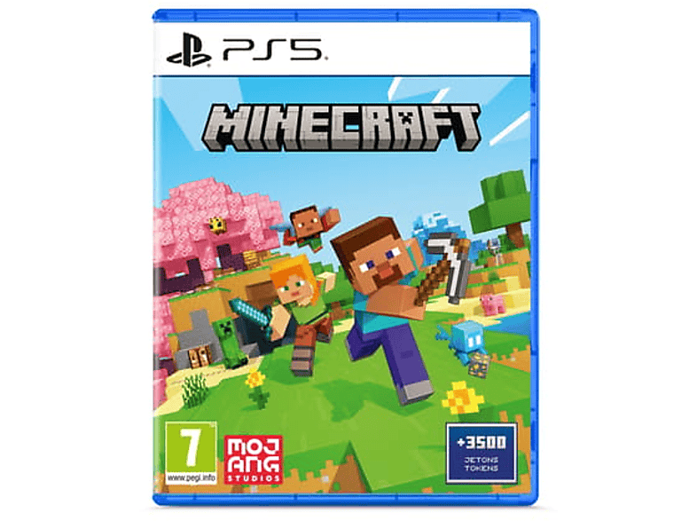 Boîte du jeu Minecraft avec des personnages courant sur un champ vert, logo PS5.