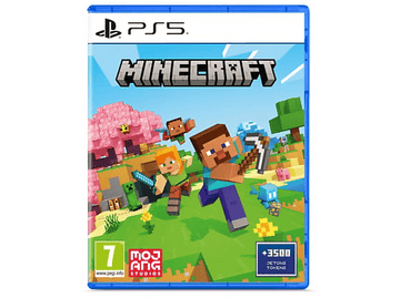 Boîte du jeu Minecraft avec des personnages courant sur un champ vert, logo PS5.