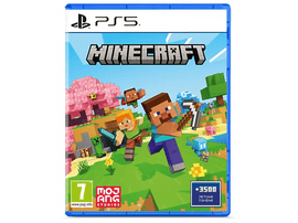 Boîte du jeu Minecraft avec des personnages courant sur un champ vert, logo PS5.