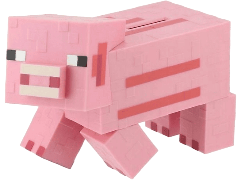 Jouet cochon Minecraft rose. Il a un design en blocs avec des détails pixélisés et une fente sur le dessus.