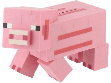 Jouet cochon Minecraft rose. Il a un design en blocs avec des détails pixélisés et une fente sur le dessus.