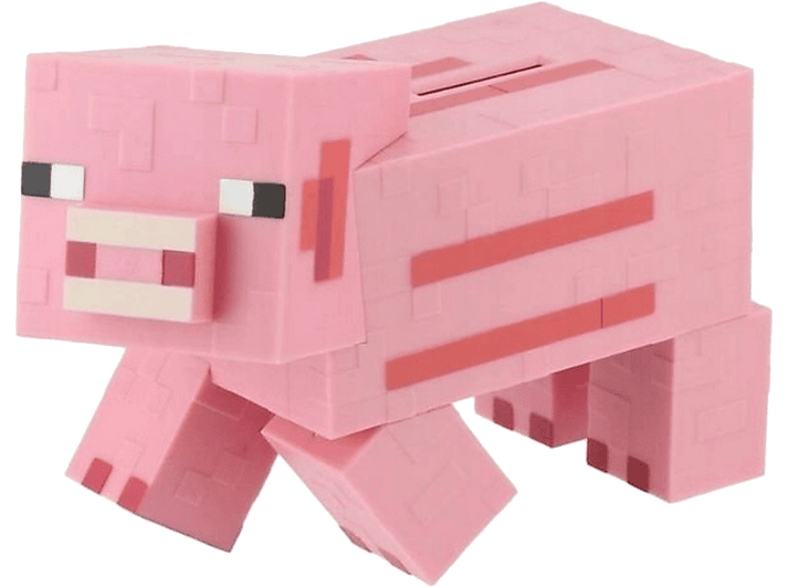 Jouet cochon Minecraft rose. Il a un design en blocs avec des détails pixélisés et une fente sur le dessus.