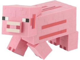 Jouet cochon Minecraft rose. Il a un design en blocs avec des détails pixélisés et une fente sur le dessus.