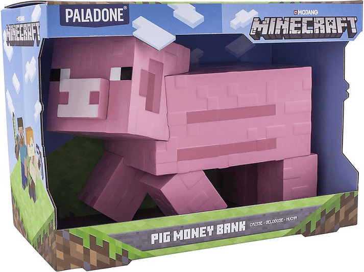 Gros cochon tirelire Minecraft rose dans une boîte en carton.