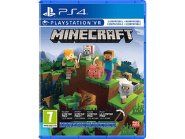Couverture du jeu Minecraft PS4 avec des personnages et un cochon.