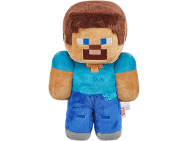Peluche Steve de Minecraft avec vêtements bleus et cheveux bruns.