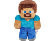Peluche Steve de Minecraft avec vêtements bleus et cheveux bruns.