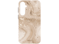 Coque de téléphone beige clair avec des stries et des mouchetures dorées.