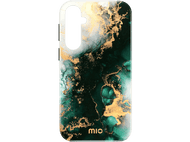 Coque de téléphone avec un motif marbré vert et or, avec le logo Mic en bas.