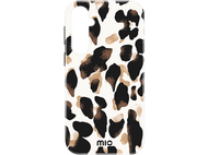 Coque de téléphone. Motif léopard avec taches noires et marron sur fond blanc. Logo MIC en bas.