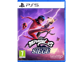 Jaquette du jeu PS5 : personnages de Miraculous Ladybug en action, Paris Under Siege, avec la Tour Eiffel en fond.