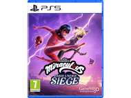 Jaquette du jeu PS5 : personnages de Miraculous Ladybug en action, Paris Under Siege, avec la Tour Eiffel en fond.