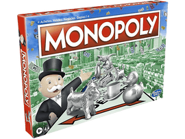 Boîte de jeu Monopoly. La boîte montre les personnages de Monopoly et un horizon.