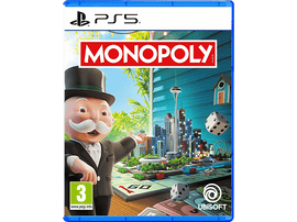 Couverture du jeu Monopoly PS5. M. Monopoly, plateau, dés, paysage urbain et logo.