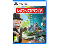 Couverture du jeu Monopoly PS5. M. Monopoly, plateau, dés, paysage urbain et logo.