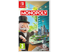 Boîte de jeu Monopoly pour Nintendo Switch. Un homme portant un chapeau est à côté d