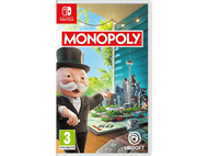 Boîte de jeu Monopoly pour Nintendo Switch. Un homme portant un chapeau est à côté d'un plateau de Monopoly. Fond de ville.