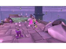 Charger l'image dans la galerie, Une fille de dessin animé sur un skateboard dans un environnement de château violet, entourée de pièces flottantes.
