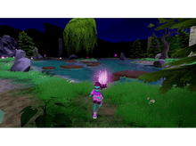 Charger l'image dans la galerie, Un personnage de dessin animé court à travers un paysage vibrant, coloré, de style dessin animé, avec un étang.
