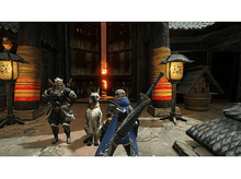 Charger l&#39;image dans la galerie, Trois personnages dans un environnement stylisé, deux humains et un chien, avec des lanternes et une grande épée.
