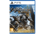 Boîte de jeu PS5 pour Monster Hunter Wilds. La couverture montre un monstre combattant des humains dans une scène fantastique.