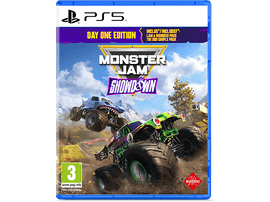 Pochette de jeu PS5 pour Monster Jam Showdown. Comprend des monster trucks et une scène de montagne.