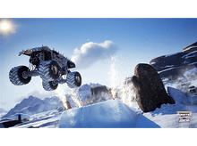 Charger l&#39;image dans la galerie, Monster truck sautant au-dessus de la glace. Étincelles et neige dans un paysage hivernal.
