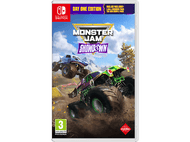 Boîte de jeu Monster Jam Showdown. Montre des monster trucks sur une piste avec un ciel bleu.