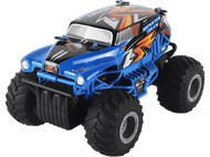 Jouet de camion monstre bleu et noir. A de gros pneus et un design de camion monstre.