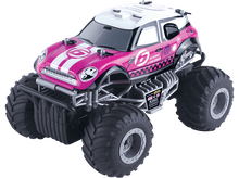 Charger l&#39;image dans la galerie, Jouet de monster truck rose et blanc sur fond noir.
