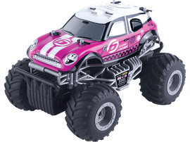 Jouet de monster truck rose et blanc sur fond noir.