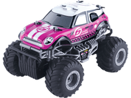 Jouet de monster truck rose et blanc sur fond noir.