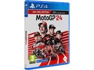 Une boîte de jeu PlayStation 4. MotoGP24 est sur la couverture, avec des pilotes et des motos. Le fond est noir.