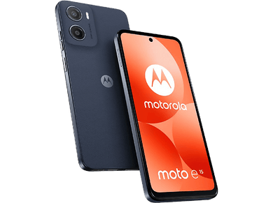 Téléphone bleu Motorola Moto e15 avec fond orange.