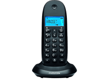 Charger l&#39;image dans la galerie, Téléphone sans fil Motorola noir sur son socle. Écran bleu, clavier.
